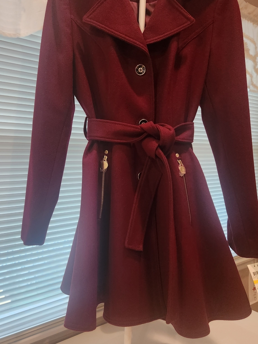 INC International Concepts Women’s Burgundy Belted Pea Coat